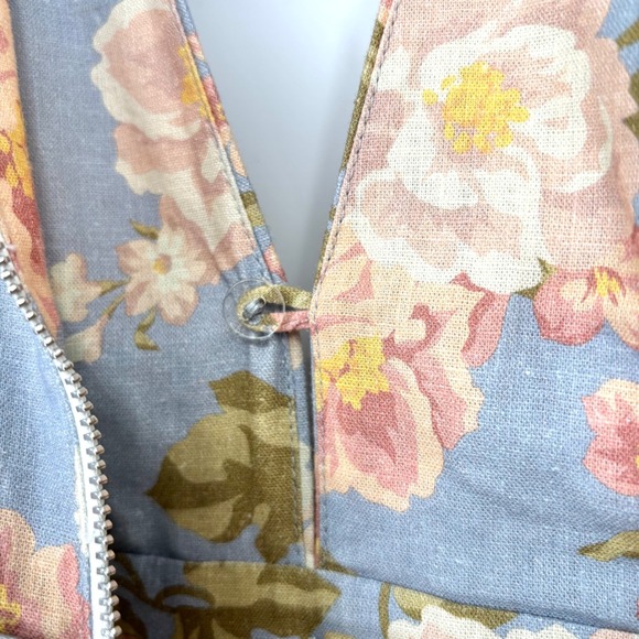 Yumi Kim Gayle Dress Sz XS Blue Pink Linen Blend Floral Puff Sleeve V Neck Midi - Picture 8 of 16